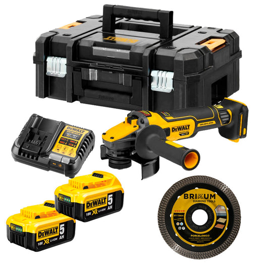 Bürstenloser 18-V-XR-125-mm-Schleifer mit 2 5-Ah-Schlägern und Koffer + Dewalt DCG409P2X-Scheibe