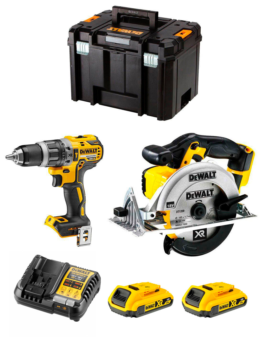 Kit Dewalt con Taladro percutor DCD796 + Sierra Circular DCS391 + 2bat 2Ah + Cargador + TSTAK VI DCK291D2