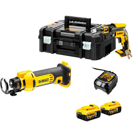 Combo Panel Yeso: Sierra para yeso DCE555N + Atornillador Pladur DCF620NT Dewalt + 2 bat 5Ah + Cargador