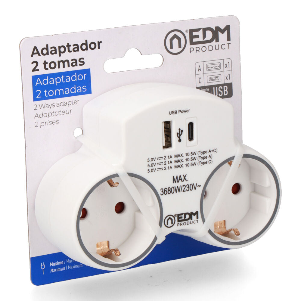 EDM 2-fach-Adapter 2P+E SCHUKO mit 2 USB-Anschlüssen (A + C)