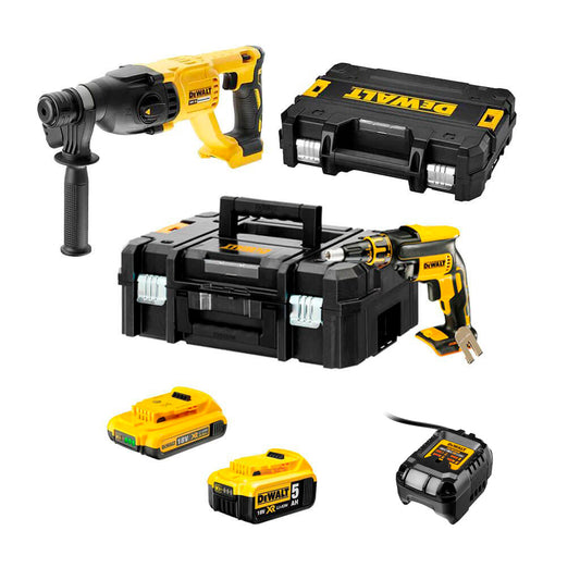 Gipskarton-Kombination: DCF620 Pladur-Schraubendreher + Dewalt DCH133 Lichthammer + 2 18-V-Batterien