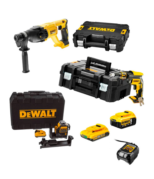 Mega-Gipsplatten-Kombination: DCF620-Schraubendreher + DCH133-Hammer + DCE089D1G-Wasserwaage + 2 18-V-Dewalt-Batterien