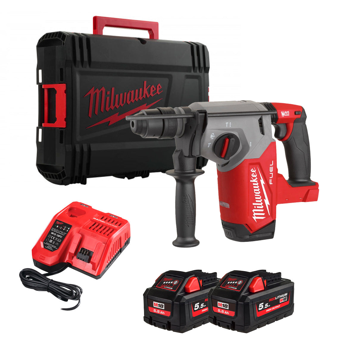 26-mm-SDS-Plus-Kombihammer mit Fixtec 2,5J + 2bat 5,5Ah + Ladegerät + Koffer Milwaukee M18 FHX-552X