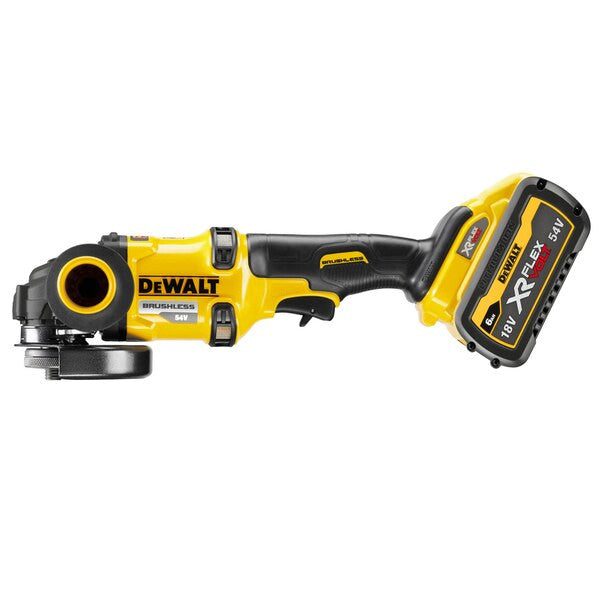 XR FLEXVOLT 54 V/18 V 125 mm bürstenloser Mini-Schleifer mit 2 6-Ah-Batterien und Dewalt DCG418T2-Gehäuse