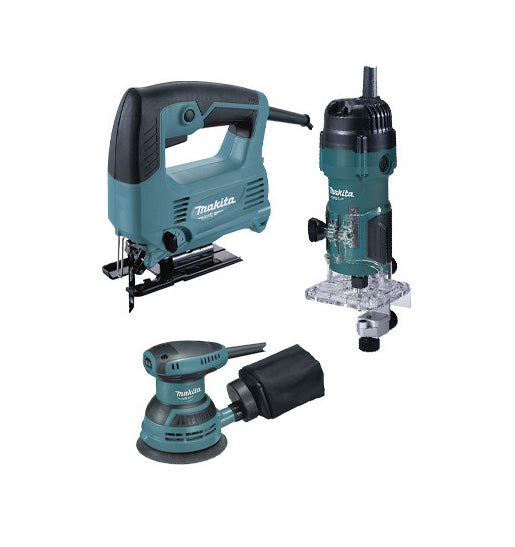 Makita MT Power Tools Set: Stichsäge 450W + Oberfräse 530W + Exzenterschleifer 230W PRK00185