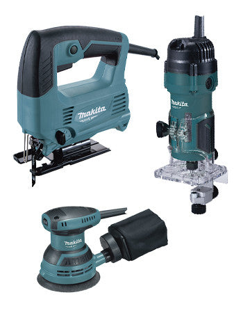 Makita MT Power Tools Set: Stichsäge 450W + Oberfräse 530W + Exzenterschleifer 230W PRK00185