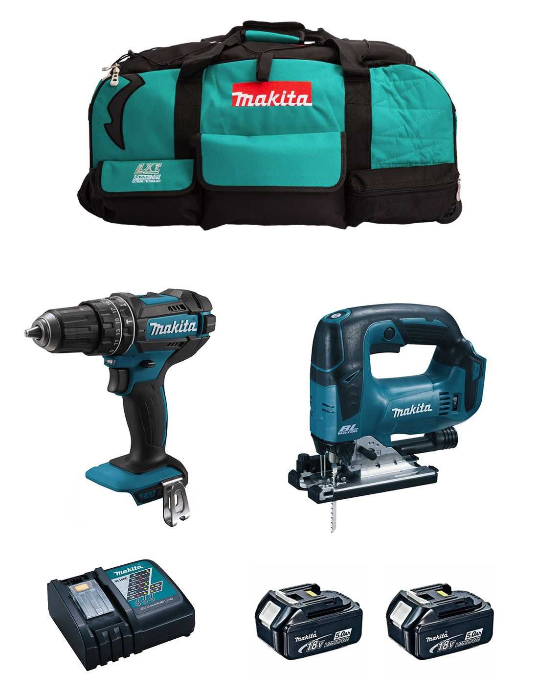 Makita DHP482 Hammerbohrer-Set + DJV182 Stichsäge + 2 Bat 5 Ah + Ladegerät + DLX2181BL2 Tasche