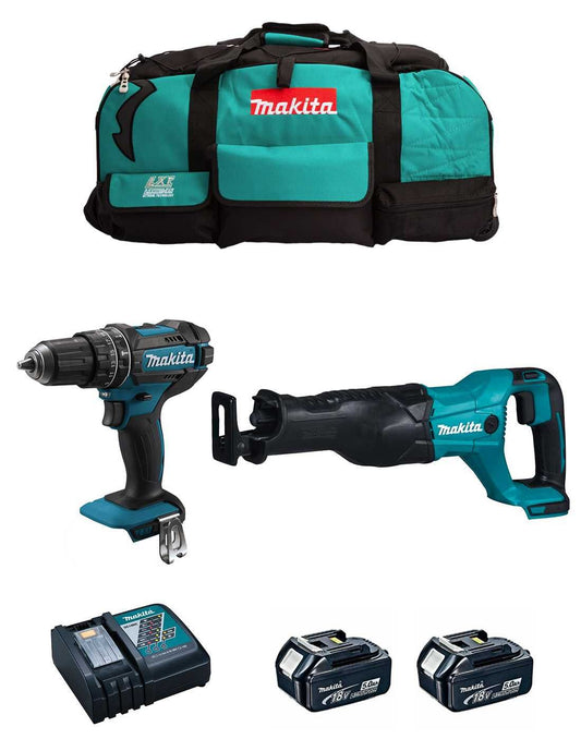 Makita DHP482 Hammerbohrer-Set + DJR186 Säbelsäge + 2bat 5Ah + Ladegerät + DLX2186BL2 Tasche