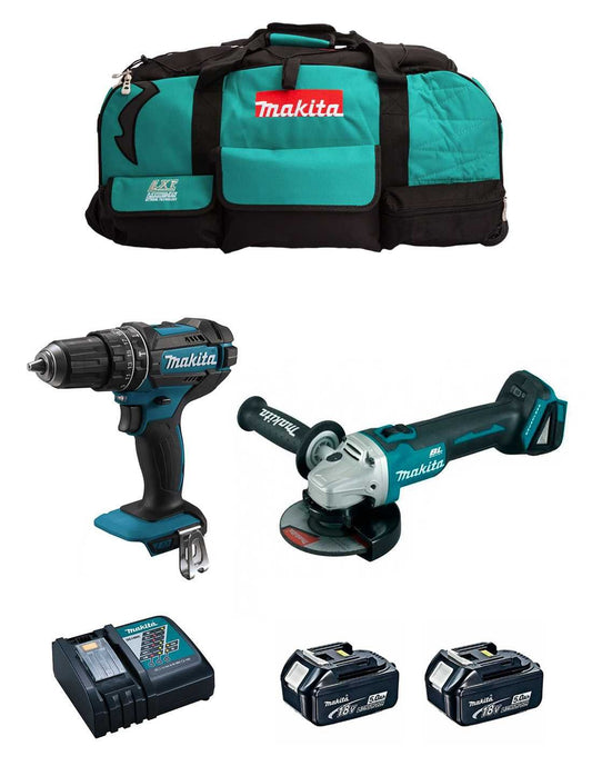 Kit Makita DHP482 Bohrhammer + DGA504 Mini-Schleifer + 2bat 5Ah + Ladegerät + DLX2504BL2 Tasche