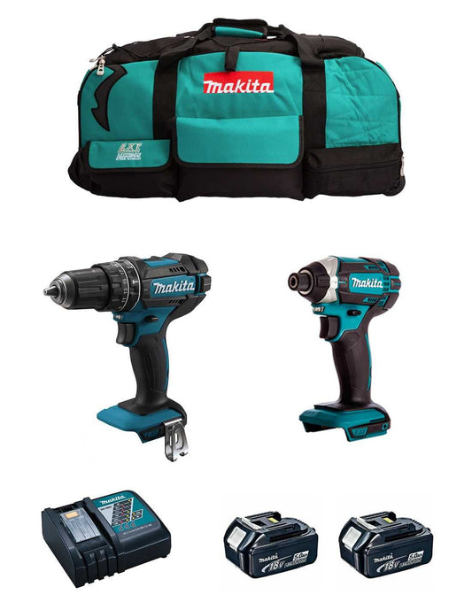 Makita DHP482 Hammerbohrer-Set + DTD152 Schlagschrauber + 2bat 5Ah + Ladegerät + DLX2152BL2 Tasche