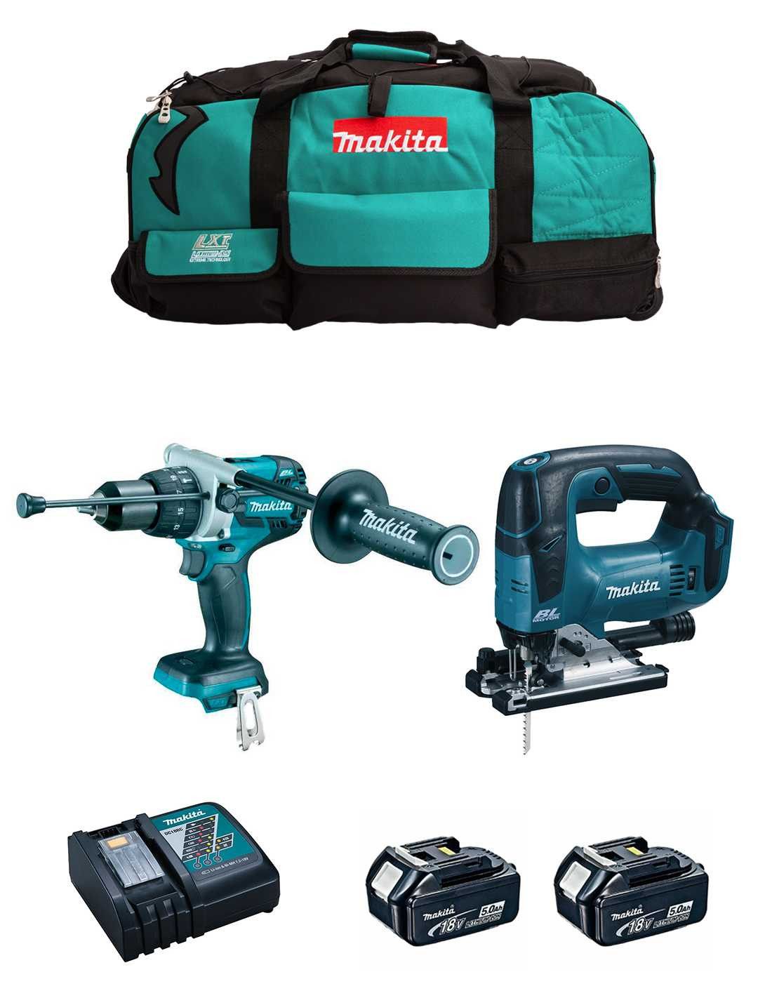 Makita DHP486 Hammerbohrer-Set + DJV182 Stichsäge + 2bat 5Ah + Ladegerät + DLX2481BL2 Tasche