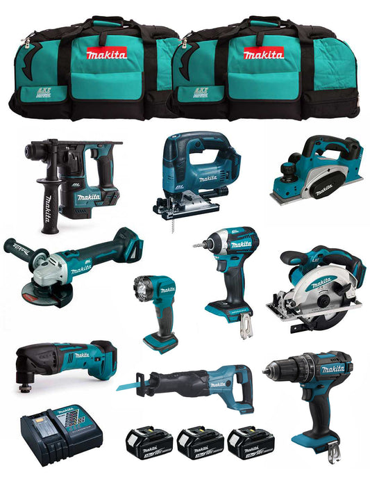 Makita-Set mit 10 Werkzeugen + 3 3-Ah-Akkus + Ladegerät + 2 Taschen DLX1080BL3