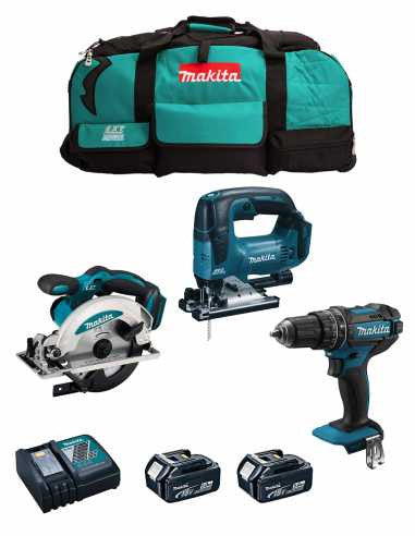 Makita Kit Bohrhammer DHP482+ Kreissäge DSS610+ Stichsäge DJV182+ 2bat 5Ah+ Ladegerät+ Tasche DLX3610BL2