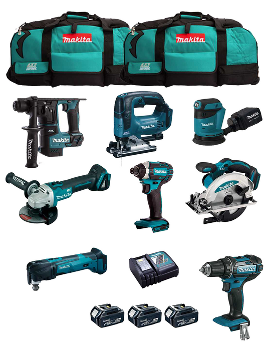 Makita-Set mit 8 Werkzeugen + 3 5,0-Ah-Akkus + Ladegerät + 2 Taschen DLX8171BL3