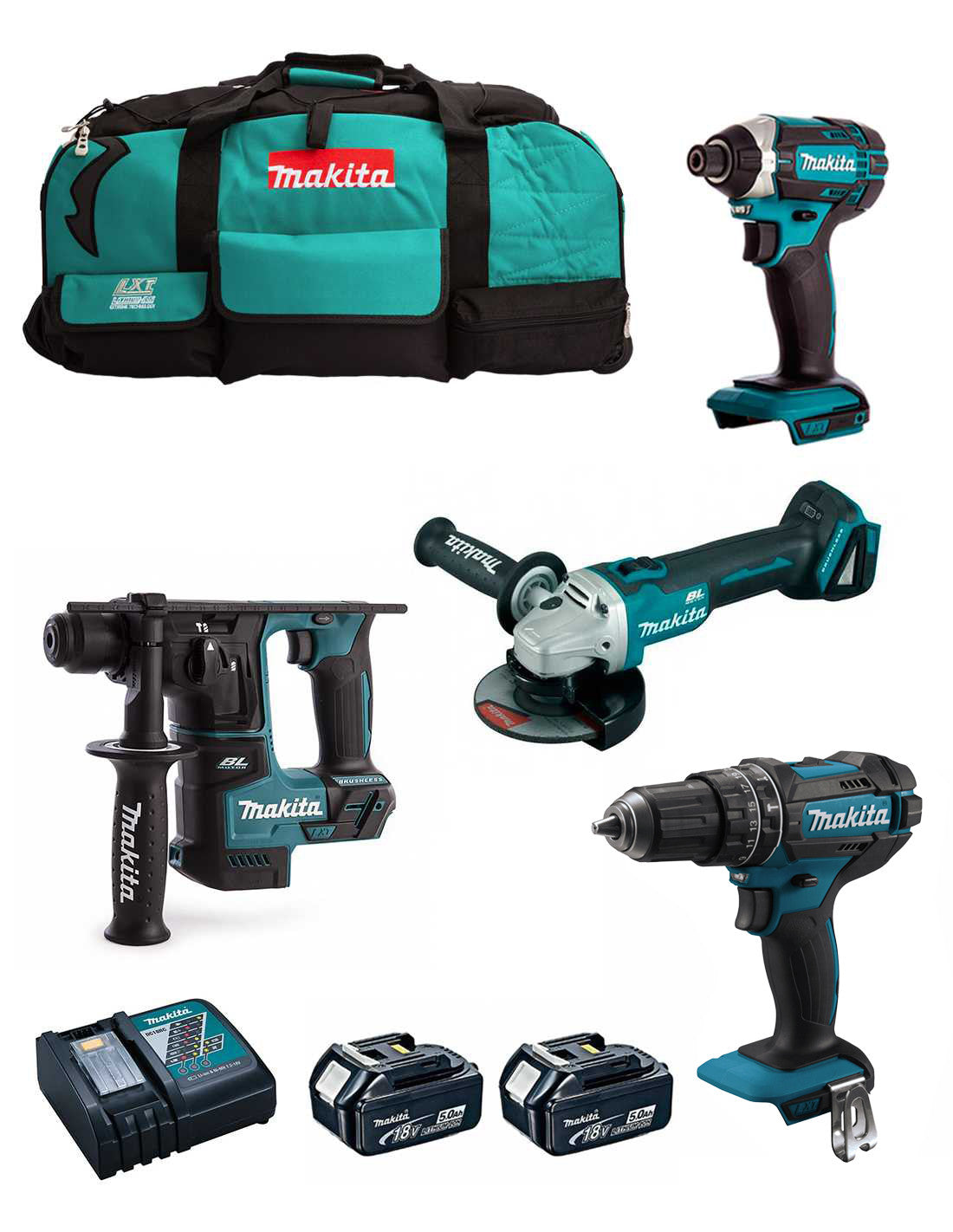 Makita-Kit 4 Werkzeuge + 2bat 5Ah + Ladegerät DC18RC + Tasche LXT600 DLX4152BL2