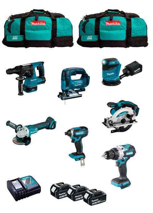 Makita-Set mit 7 Werkzeugen + 3 Bat 5 Ah + Ladegerät DC18RC + 2 Taschen DLX7243BL3