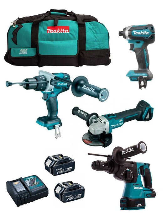 Makita Kit 4 Werkzeuge + 2bat 5Ah + Ladegerät + Tasche LXT600 DLX4243BL2