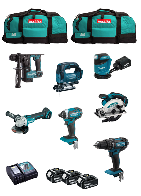 Makita Kit 7 Werkzeuge + DC18RC Ladegerät + 3bat 5Ah + 2 Taschen LXT600 DLX7482BL3