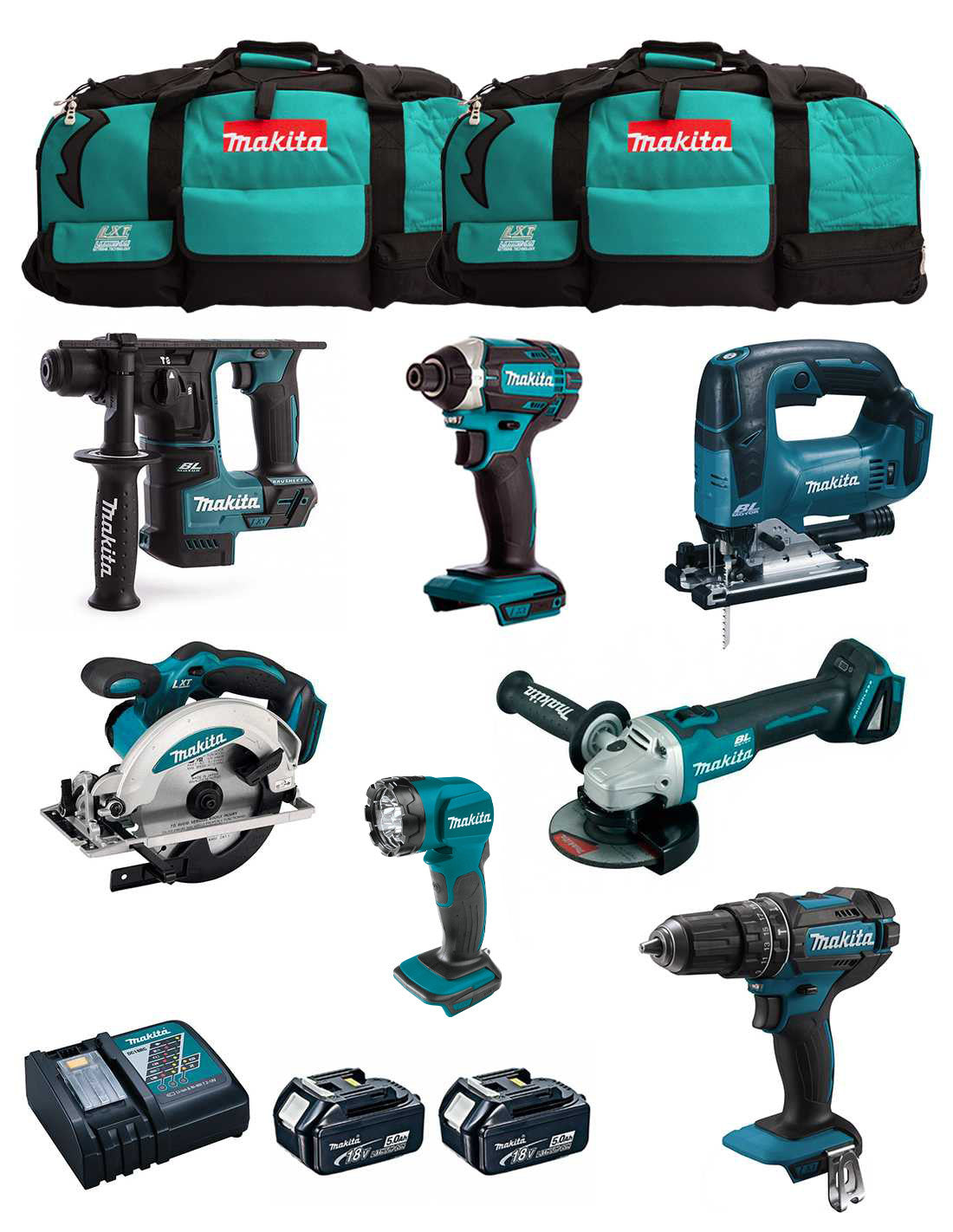 Makita Kit 7 Werkzeuge + 2bat 5Ah + Ladegerät + 2 Taschen LXT600 DLX7815BL2