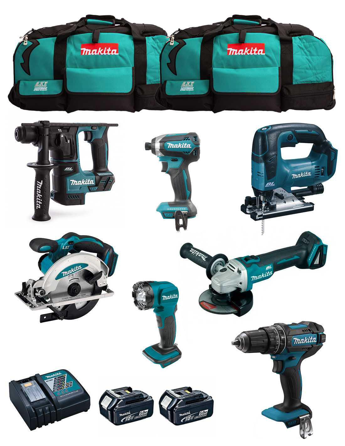 Makita Kit 7 Werkzeuge + 2bat 5Ah + Ladegerät + 2 Taschen LXT600 DLX7815BL2