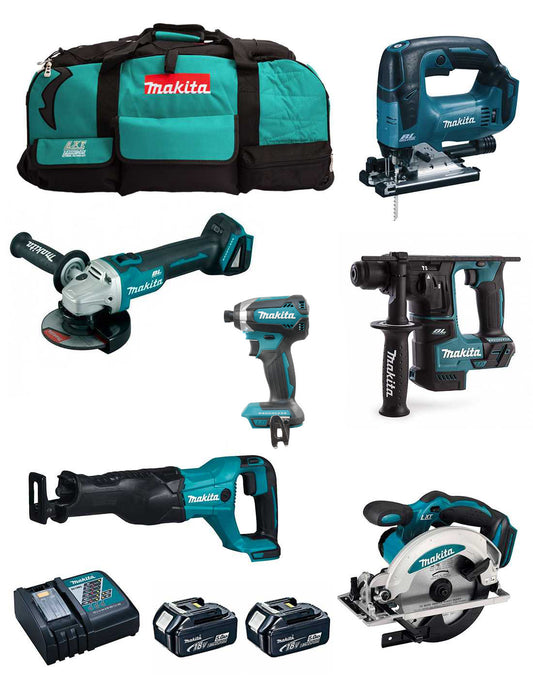 Makita Kit 6 Werkzeuge + 2bat 5Ah + Ladegerät + 2 Taschen LXT600 DLX6186BL2