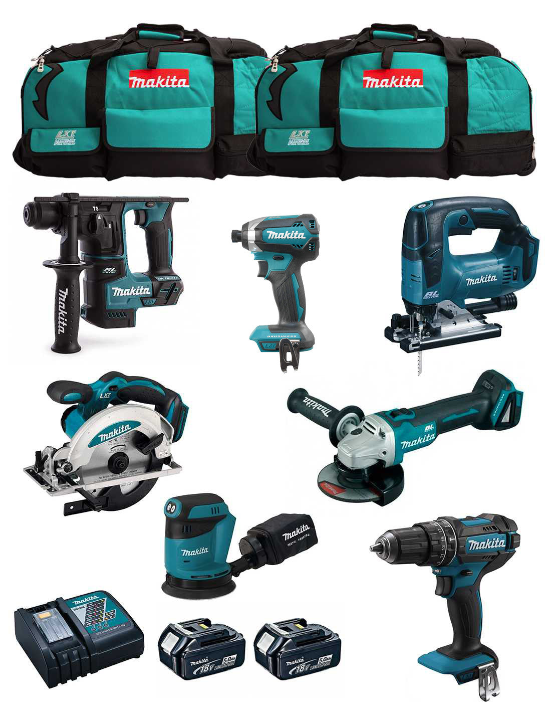 Makita Kit 7 Werkzeuge + 2bat 5Ah + Ladegerät + 2 Taschen LXT600 DLX7180BL2