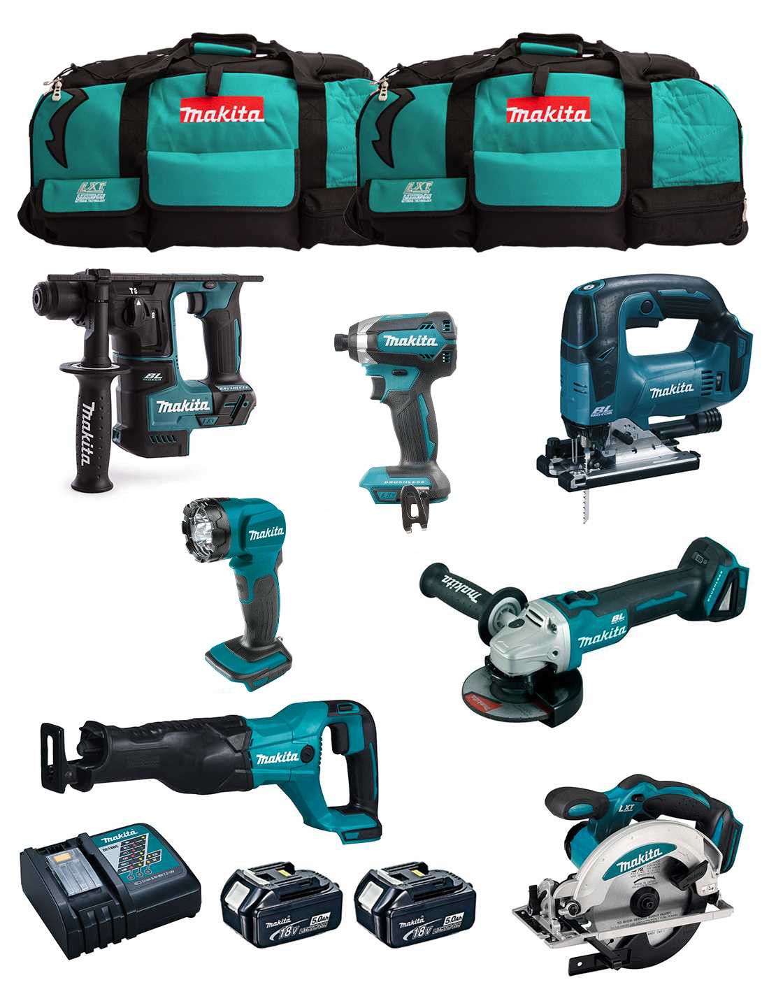 Makita Kit 7 Werkzeuge + 2bat 5Ah + Ladegerät + 2 Taschen LXT600 DLX7710BL2