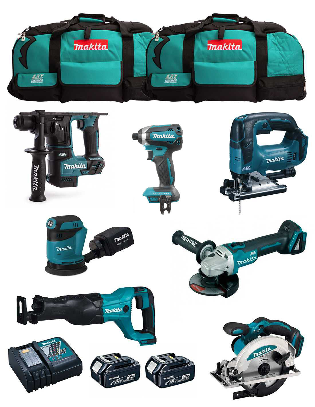 Makita Kit 7 Werkzeuge + 2bat 5Ah + Ladegerät + 2 Taschen LXT600 DLX7171BL2