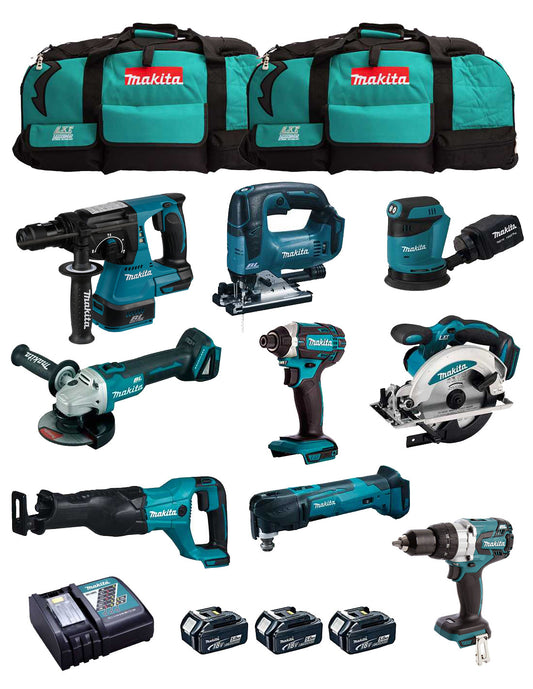 Makita-Set mit 9 Werkzeugen + 3 5,0-Ah-Akkus + Ladegerät + 2 Taschen DLX9243BL3