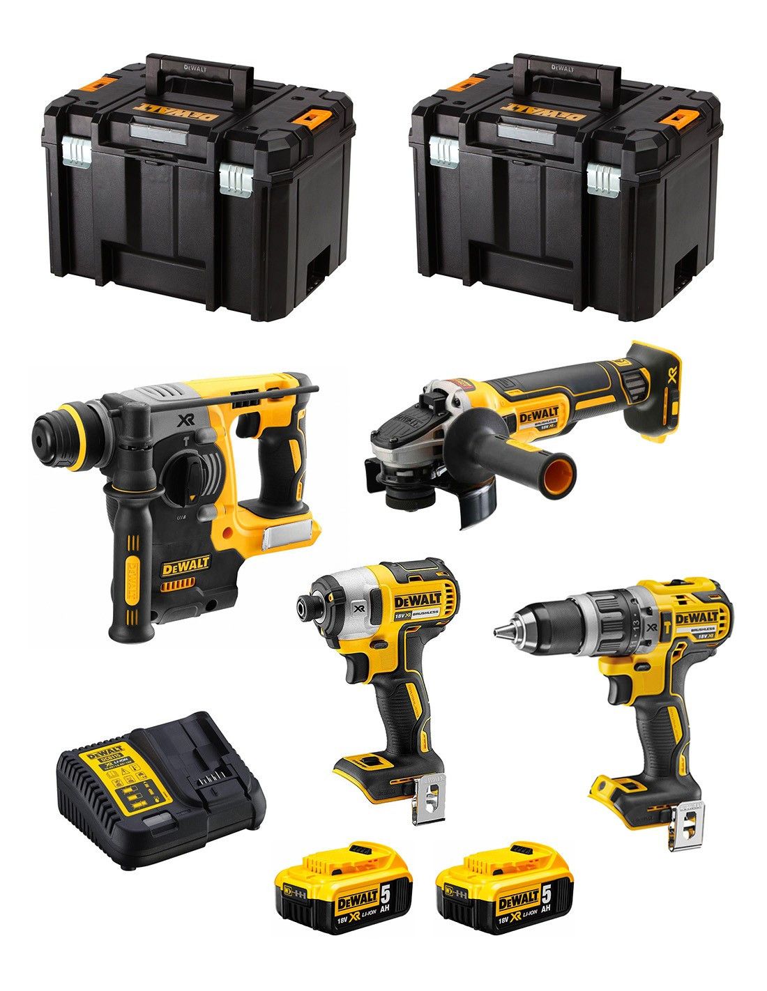 Dewalt Kit mit 4 Werkzeugen + 2bat 5Ah + Ladegerät + 2xTSTAK VI DCK487P2