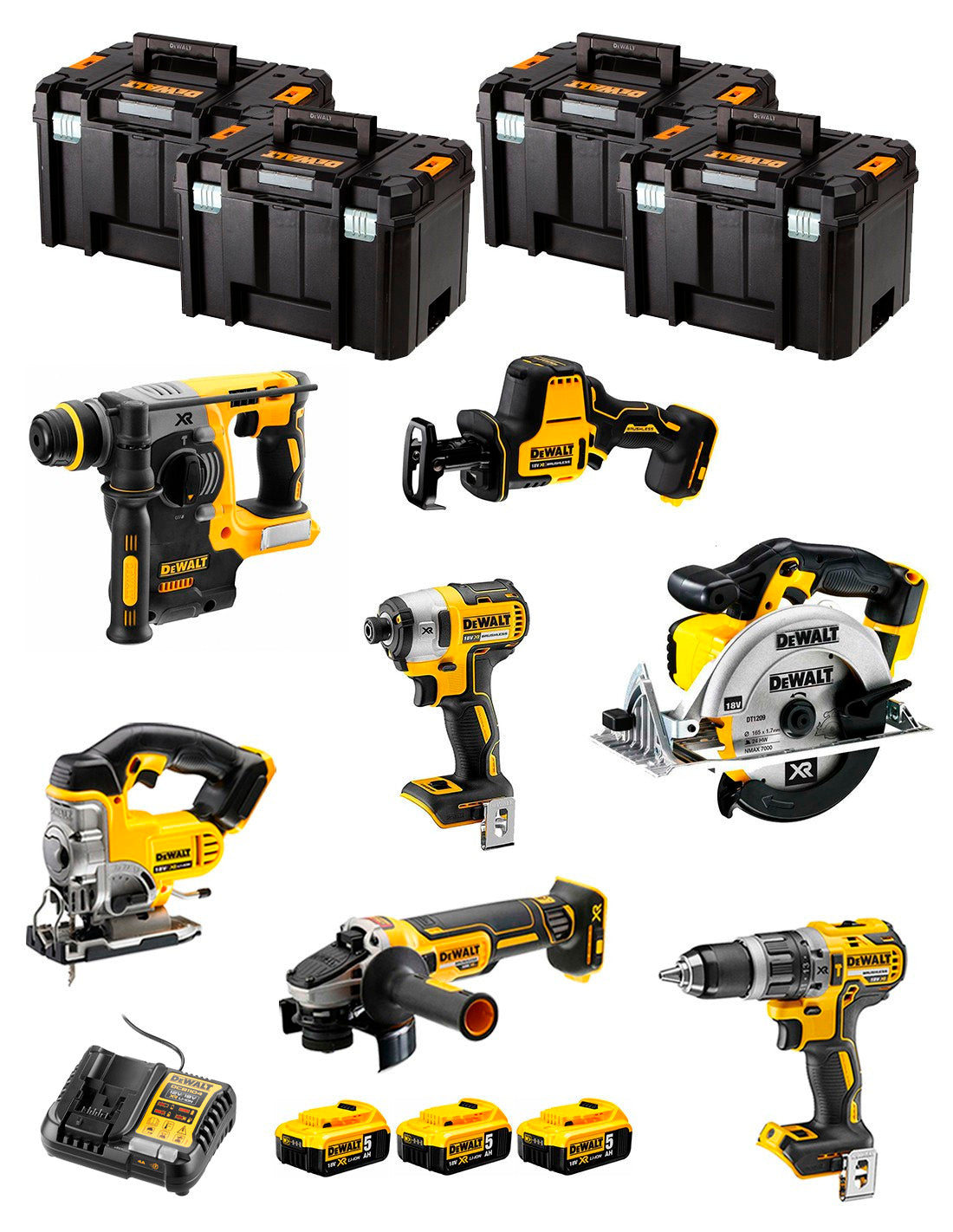 Dewalt Kit 7 Werkzeuge + 3 Bat 5ah + DCB1104 Ladegerät + 4xTstak VI DCK769P3