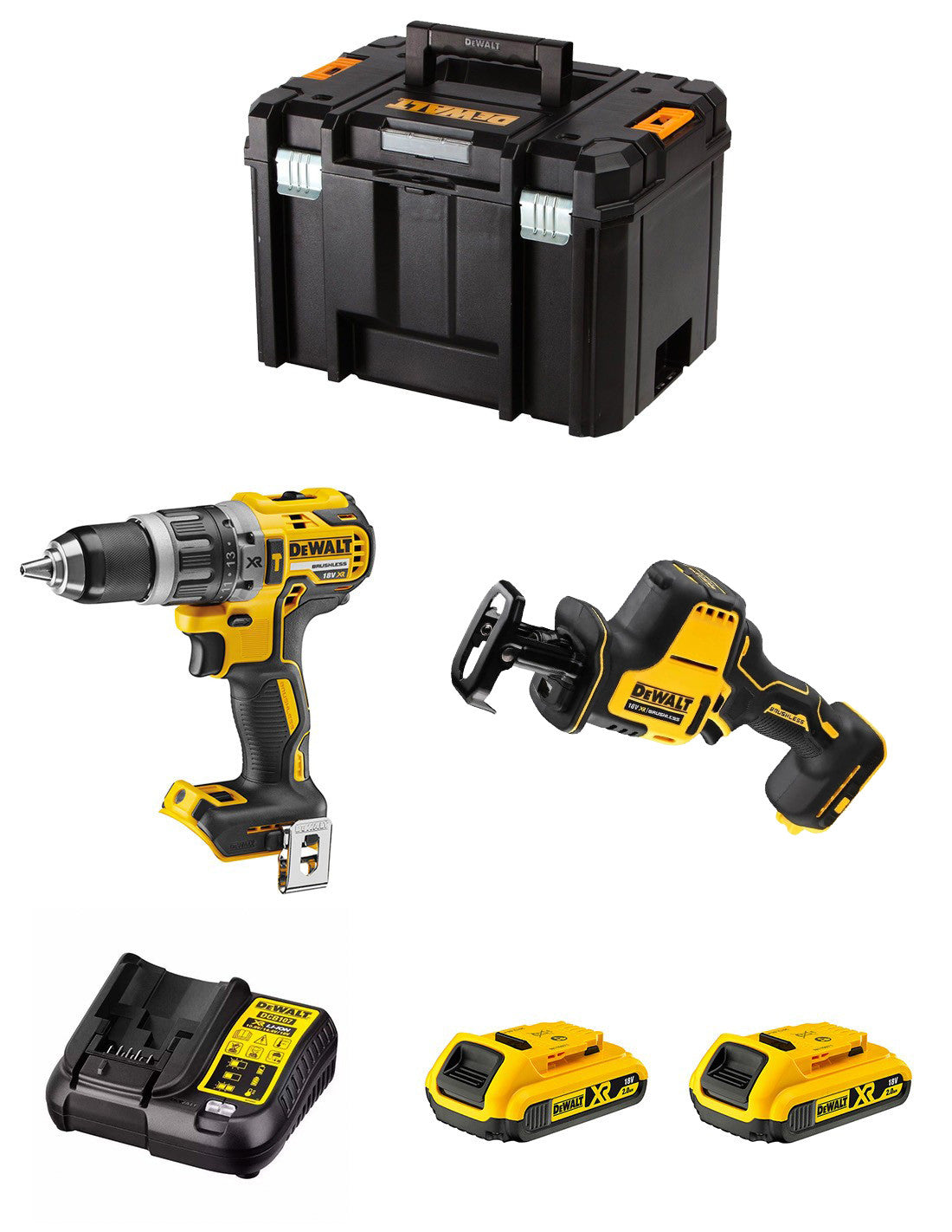 Dewalt Kit DCD796 Bohrhammer + DCS369 Säbelsäge + 2bat 2Ah + DCB107 Ladegerät + TSTAK VI DCK269D2