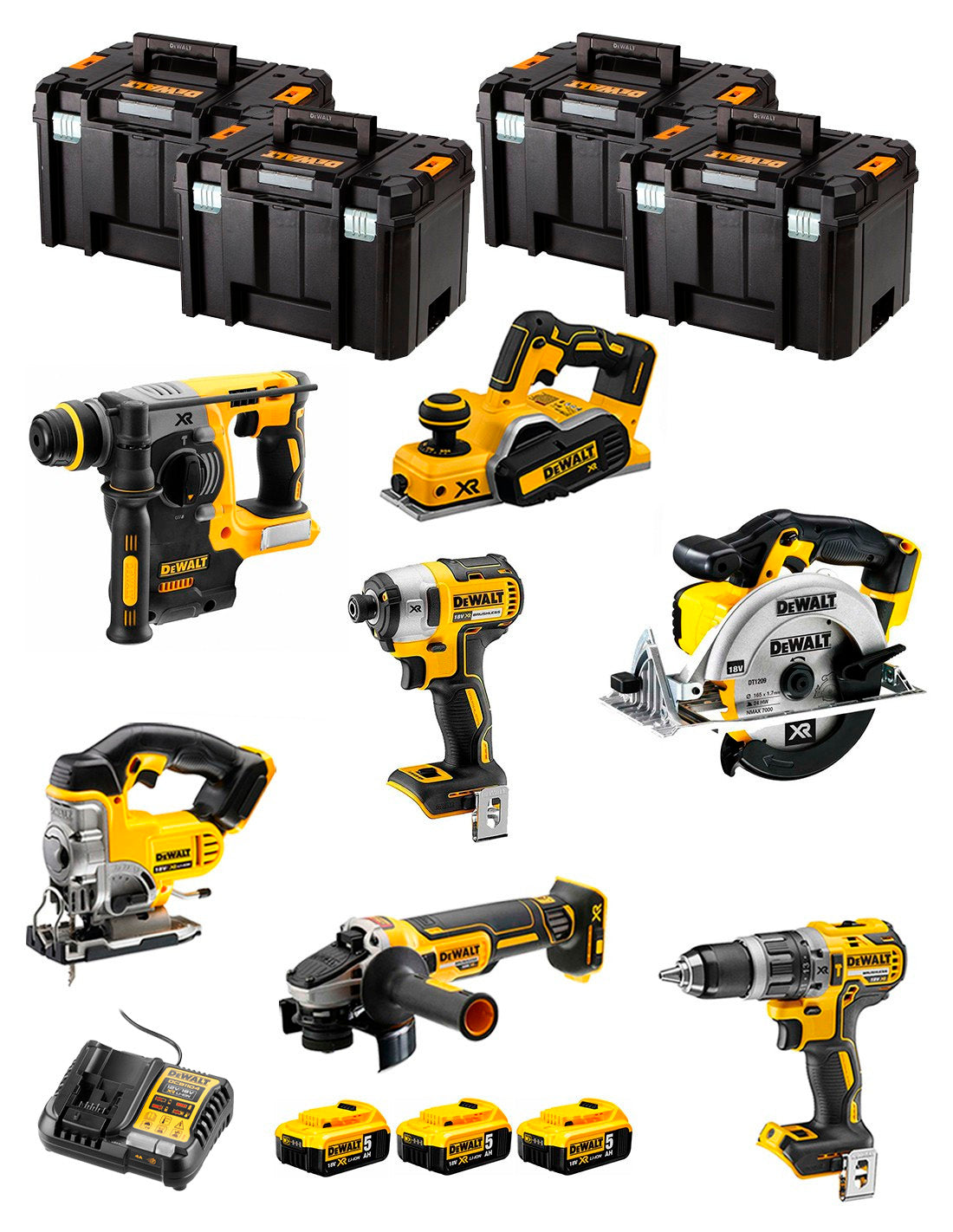 Dewalt Kit 7 Werkzeuge + 3 Bat 5ah + DCB1104 Ladegerät + 4xTstak VI Kit DCK780P3