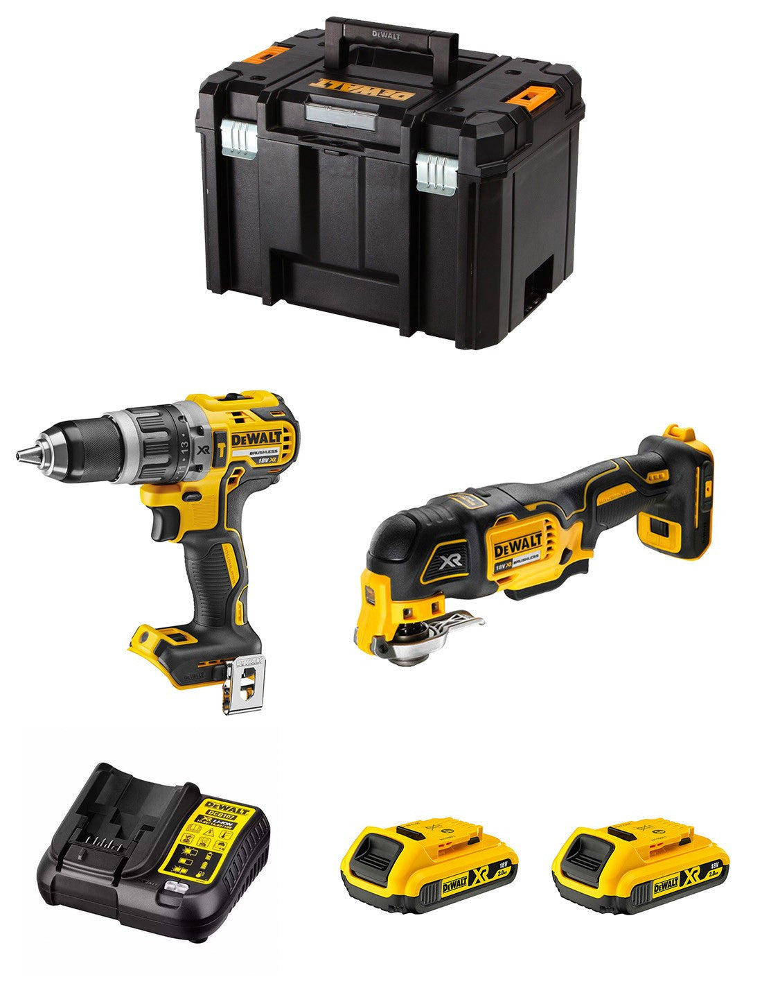 Dewalt Kit DCD796 Bohrhammer + DCS356 Multifunktionswerkzeug + 2bat 2Ah DCB183 + DCB107 Ladegerät + TSTAK VI DCK255D2