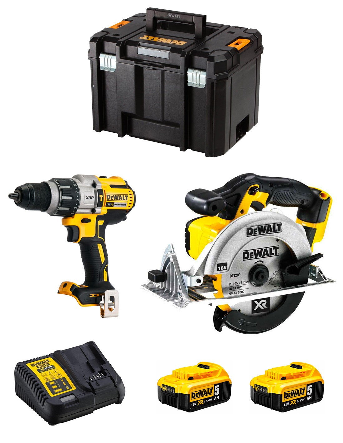 Dewalt Kit DCD996 Bohrhammer + DCS391 Kreissäge + 2bat 5Ah + Ladegerät + TSTAK VI DCK291P2