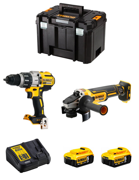 Dewalt DCD996 Hammerbohrer-Set + DCG405 Mini-Schleifmaschine + 2 Bat 5 Ah + Ladegerät + TSTAK VI DCK205P2