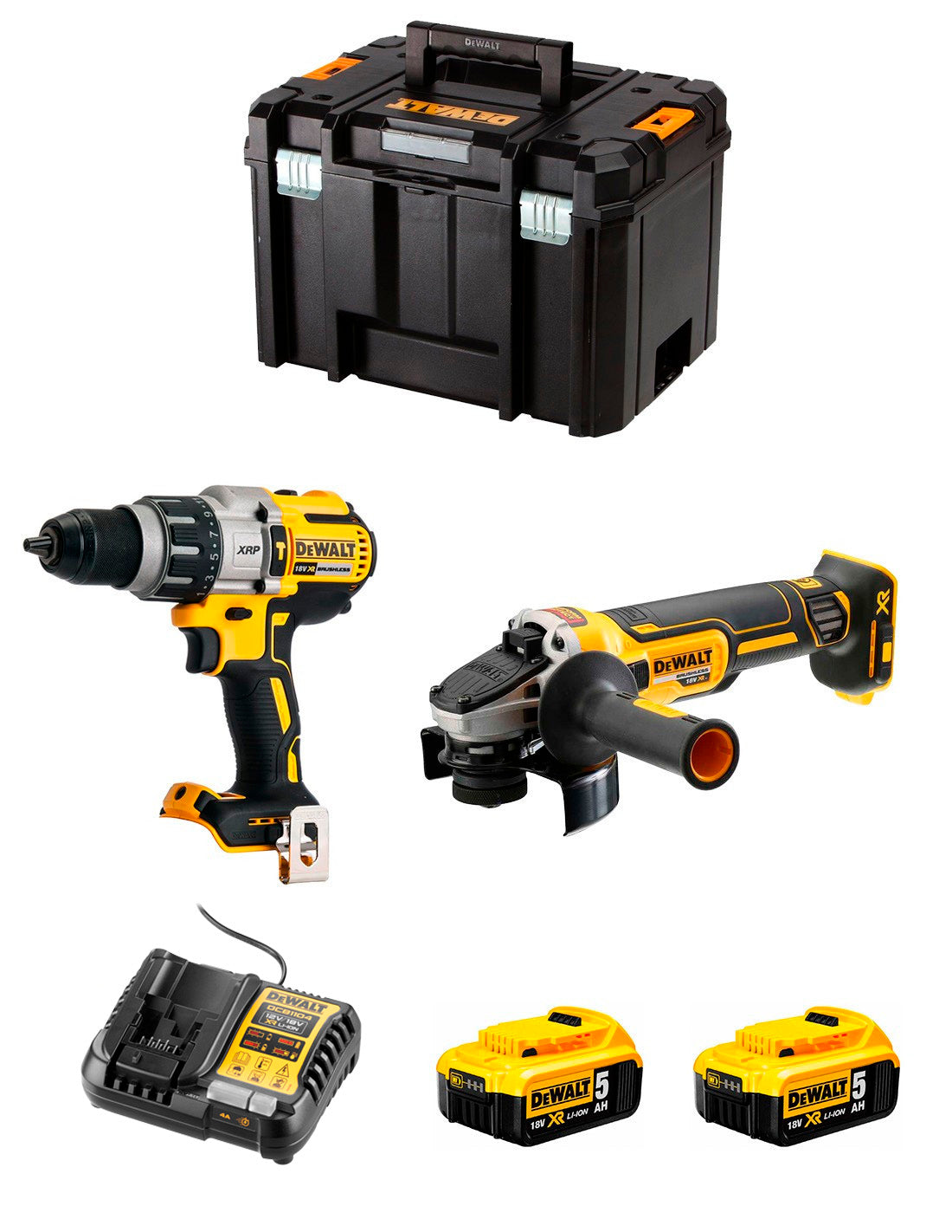 Kit Dewalt Taladro Percutor DCD996 + Mini-amoladora DCG405 + 2bat 5Ah + cargador + TSTAK VI DCK205P2