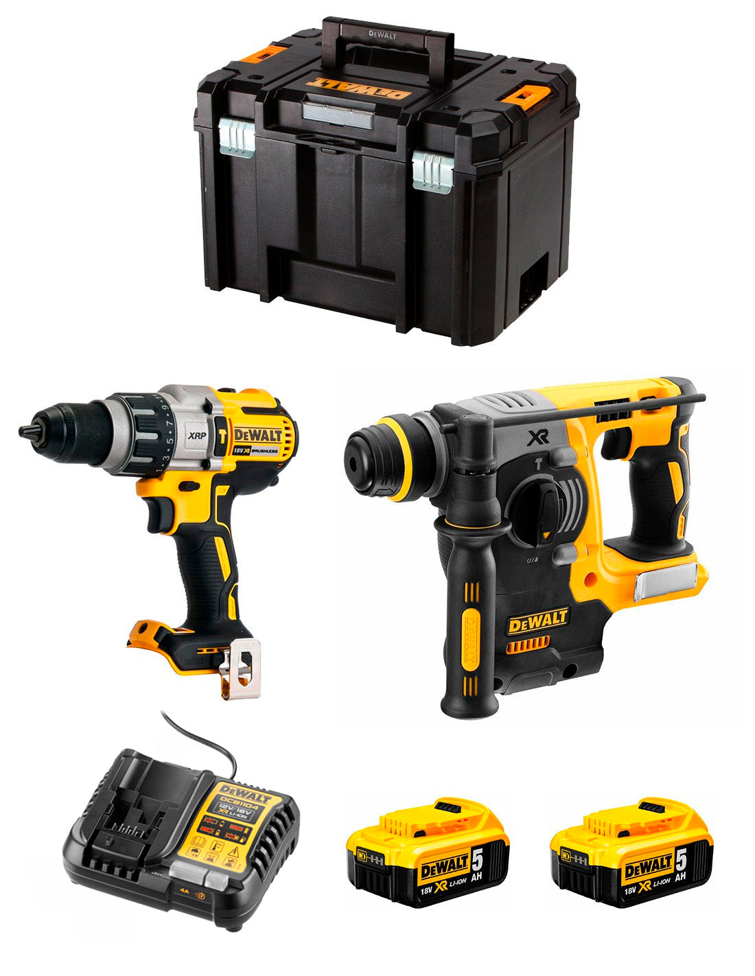 Dewalt DCD996 Hammerbohrer-Set + elektropneumatischer Hammer DCH273 + 2 Bat 5 Ah 18 V + Ladegerät + TSTAK VI DCK273P2