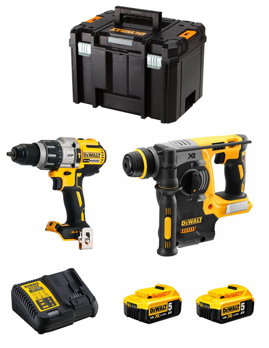 Dewalt DCD996 Hammerbohrer-Set + elektropneumatischer Hammer DCH273 + 2 Bat 5 Ah 18 V + Ladegerät + TSTAK VI DCK273P2