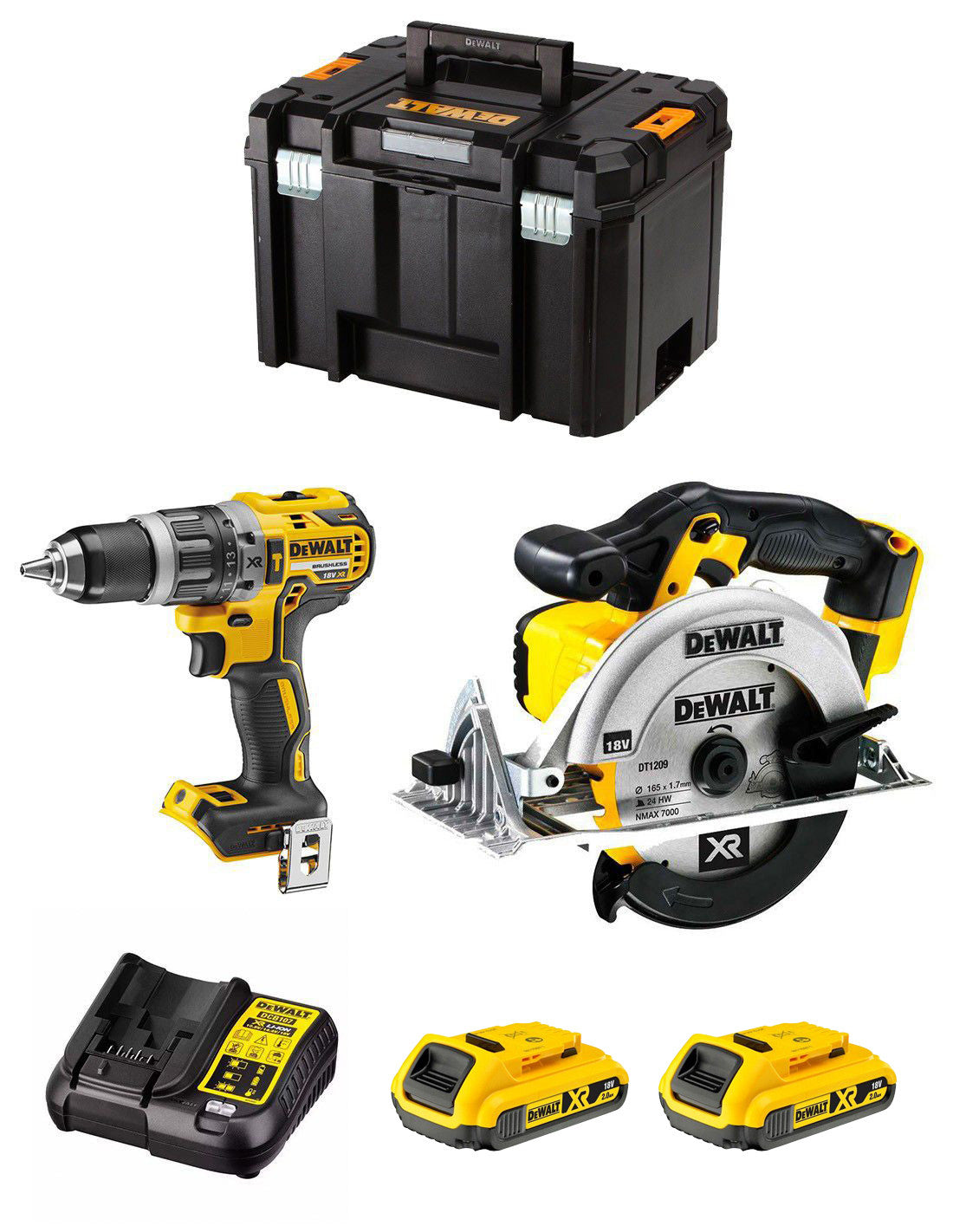 Dewalt Kit mit DCD796 Bohrhammer + DCS391 Kreissäge + 2bat 2Ah + DCB107 + TSTAK VI DCK291D2