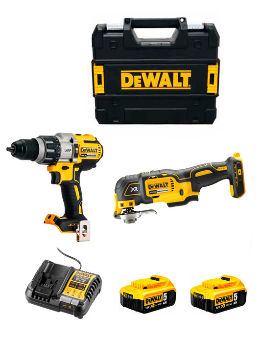 Dewalt DCD996 Hammerbohrer-Set + DCS356 Multifunktionswerkzeug + 2bat 5Ah + Ladegerät + DCK280P2 Aktentasche