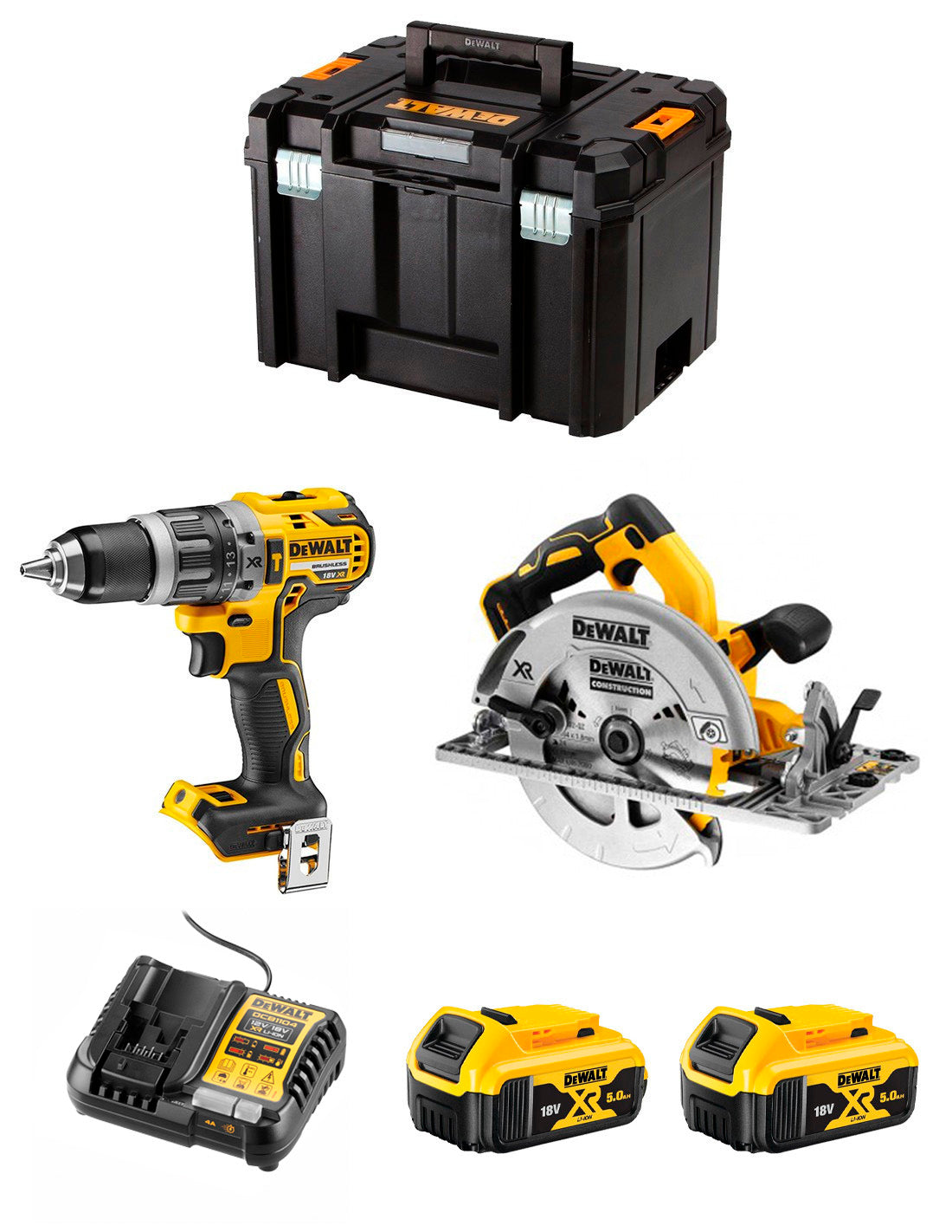 Dewalt Kit DCD996 Bohrhammer + DCS572 Kreissäge + 2bat 5Ah + Ladegerät + TSTAK VI DCK296P2