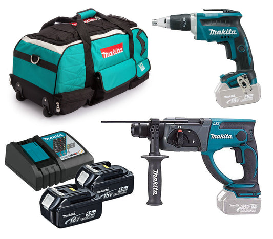 Makita 18V Gipskarton-Kombination: Pladur DFS452 Schraubendreher + DHR202 Leichthammer + 2 5,0-Ah-Batterien + Tasche