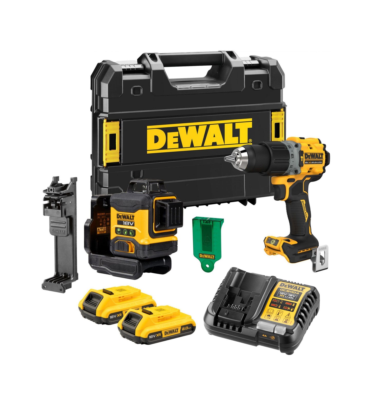 Kompaktes Laser-Kit DCLE34031 + DCD805 Bohrer + 2bat 2Ah 18V + Ladegerät + Dewalt DCK2095D2T Koffer