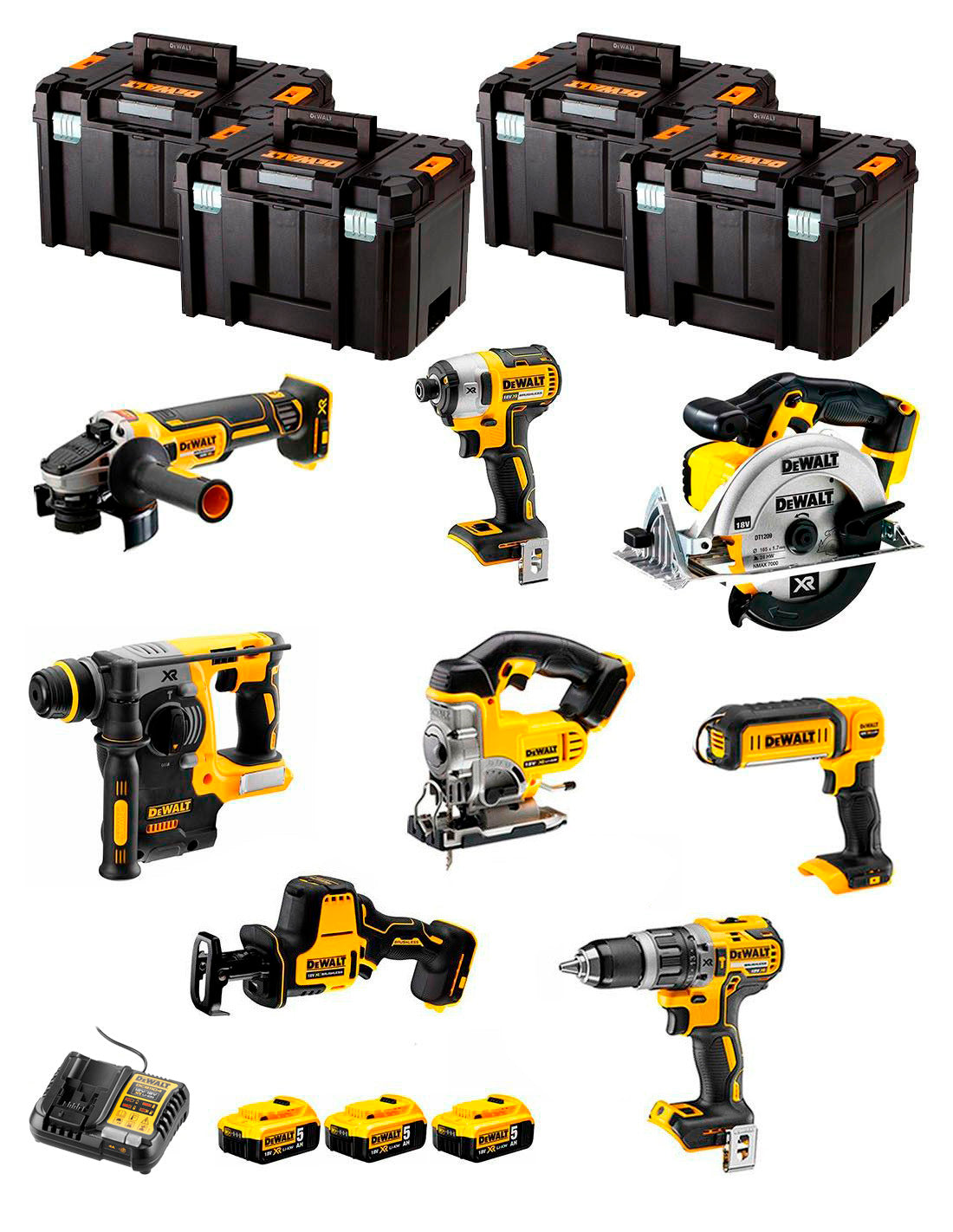 Dewalt Kit 8 Werkzeuge + 3 Bat 5ah + DCB1104 Ladegerät + 4xTstak VI DCK891P3