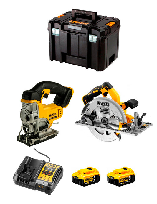 Dewalt Kit Kreissäge DCS572 + Stichsäge DCS331 + 2bat 5Ah + Ladegerät + TSTAK DCK270P2