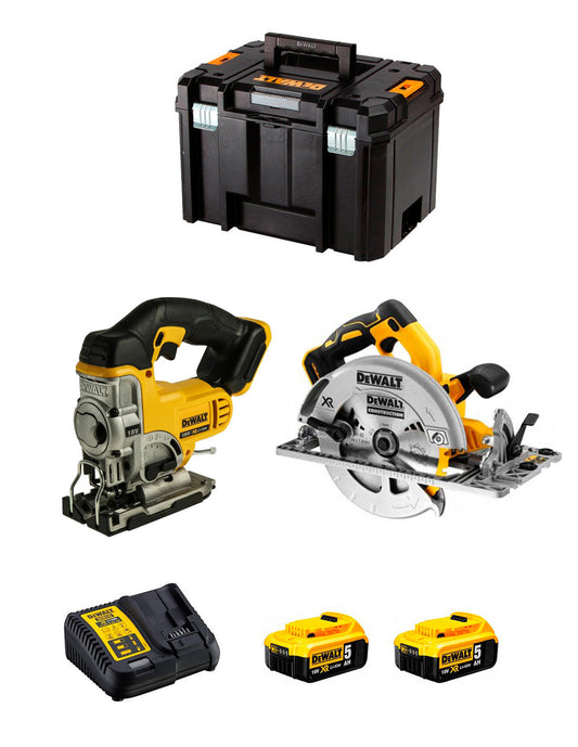 Dewalt Kit Kreissäge DCS572 + Stichsäge DCS331 + 2bat 5Ah + Ladegerät + TSTAK DCK270P2