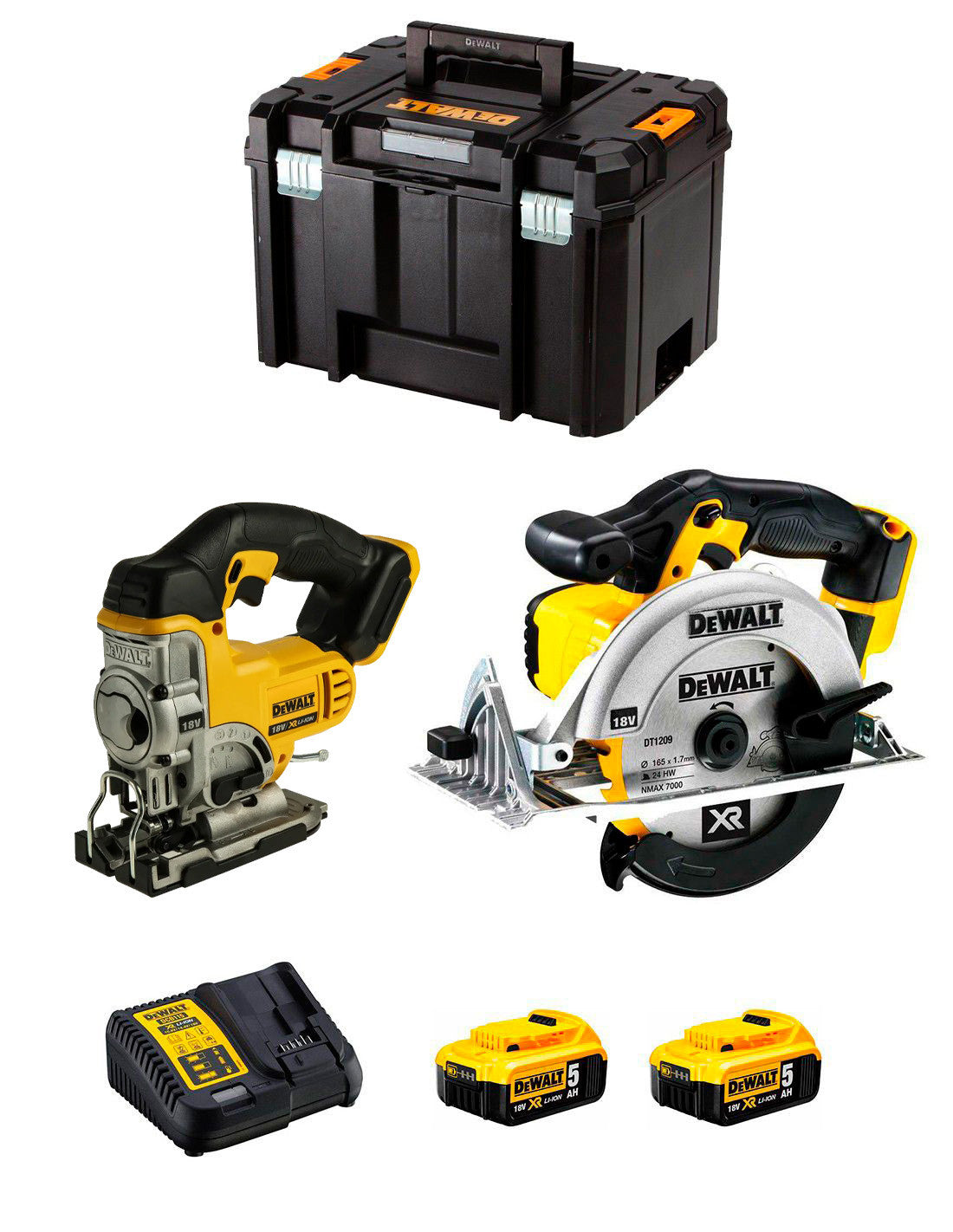 Dewalt Stichsäge-Set DCS331 + Kreissäge DCS391 + 2bat 5Ah + Ladegerät + TSTAK VI DCK215P2