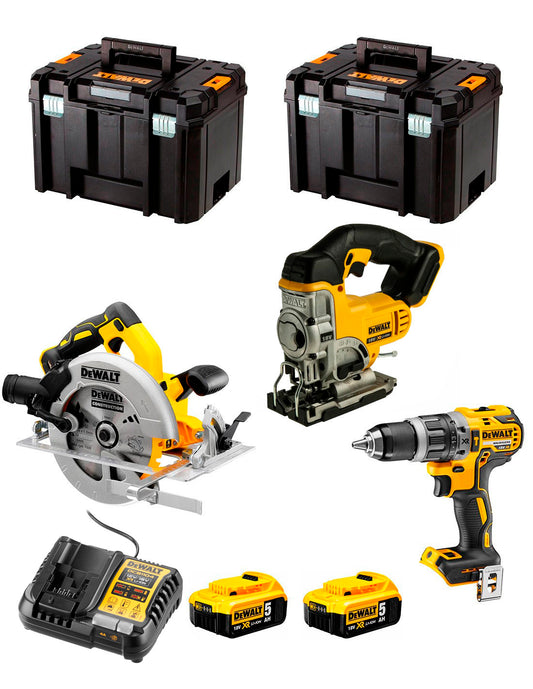 Dewalt Kit DCD796 Bohrhammer + Stichsäge DCS334 + Kreissäge DCS572 + 2 Bat 5 Ah + Ladegerät + 2 x TSTAK VI DCK370P2