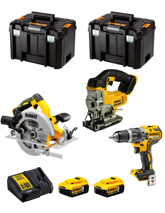 Dewalt Kit DCD796 Bohrhammer + Stichsäge DCS334 + Kreissäge DCS572 + 2 Bat 5 Ah + Ladegerät + 2 x TSTAK VI DCK370P2